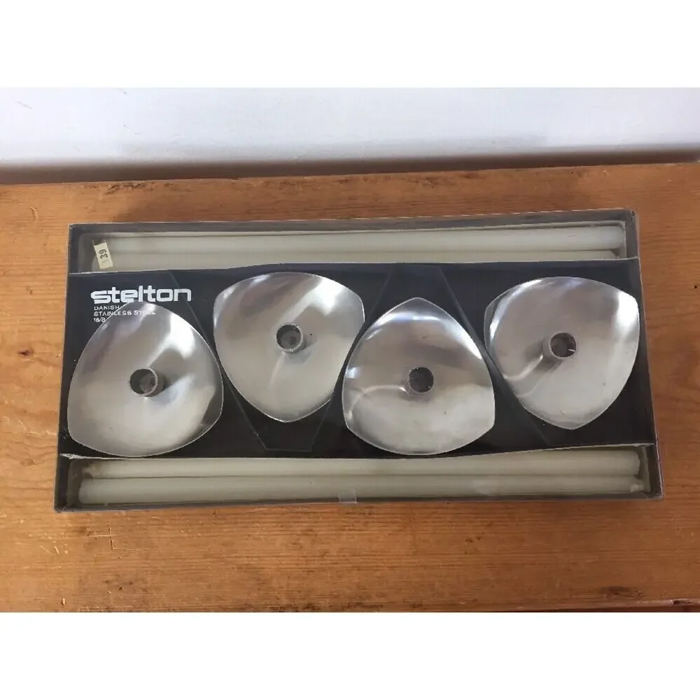 Set Vtg Mid Century Stelton Stainless Danish Modern Floral Taper Candles Holders